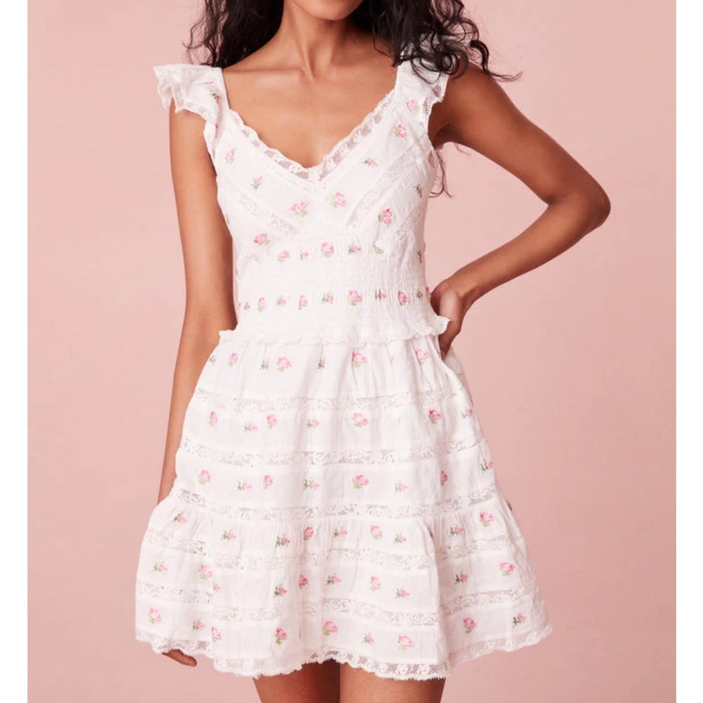 LoveShackFancy Finny Floral Sleeveless V Neck Floral Dress